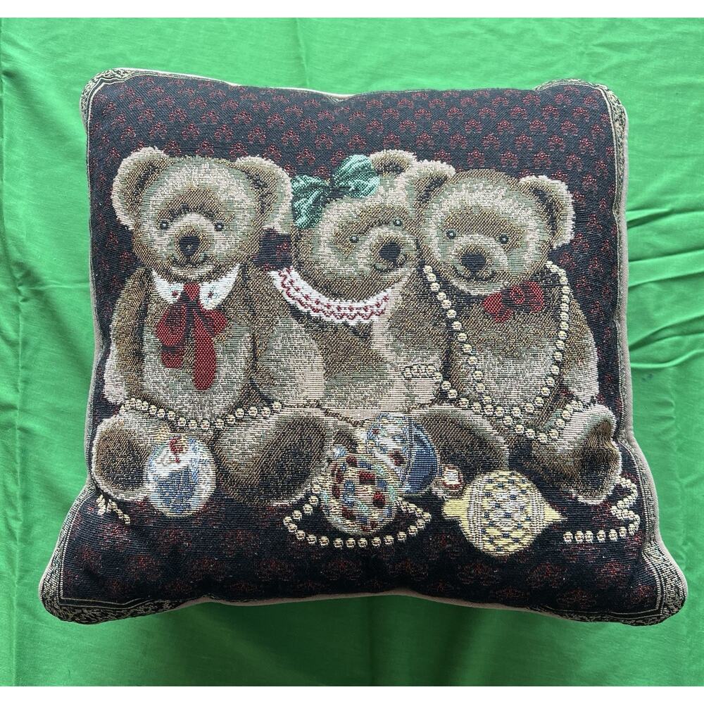 Vintage Decorative Christmas Teddy Bears Tapestry Accent Throw Pillow 16”x16”